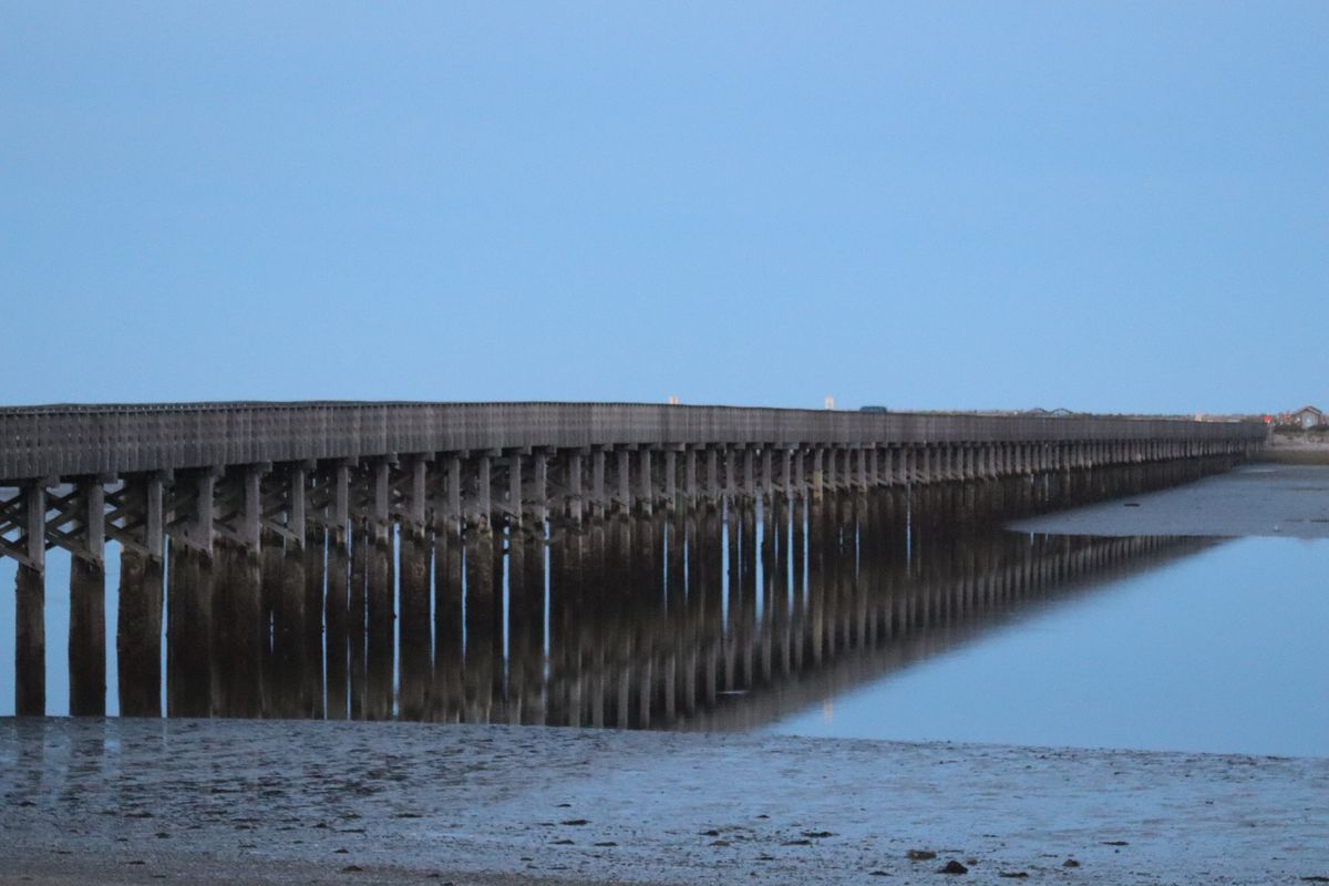 A long wooden bridge crossing a tidal flat at twilight.